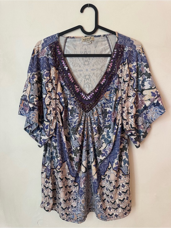 ONE WORLD Tops - ONE WORLD Purple & Blue Embellished Sparkle V-Neck Boho Blouse Size Large